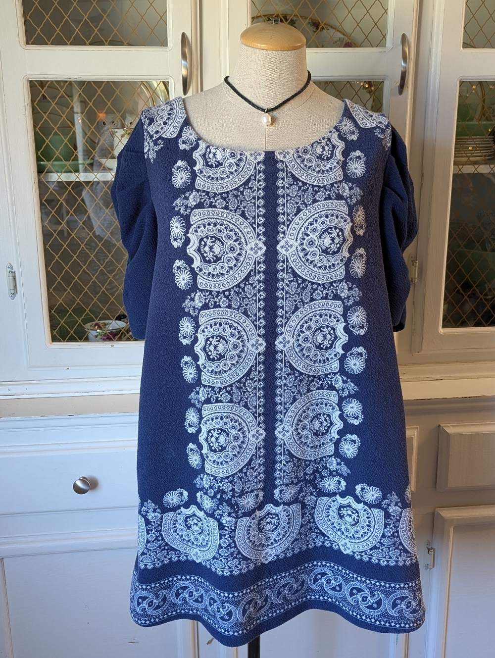 🧿✨Anthropologie Navy Blue White Peasant Tunic Mini Dress Top Grecian Bohemian